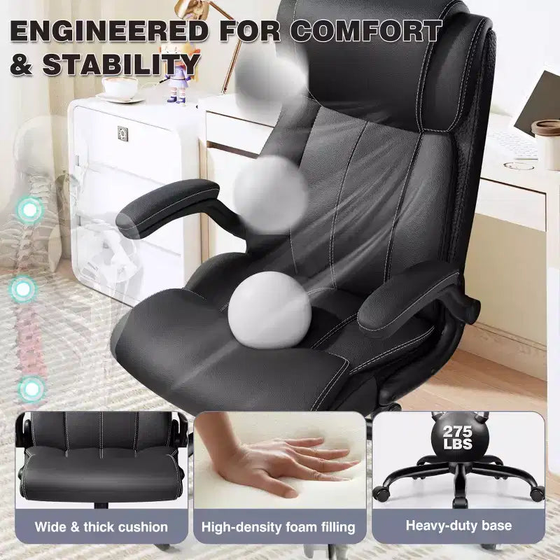 Chaise de bureau ergonomique KERDOM, fauteuil de bureau pour ordinateur, fauteuil de direction en cuir à dossier haut avec soutien lombaire réglable et accoudoirs relevables, basculante