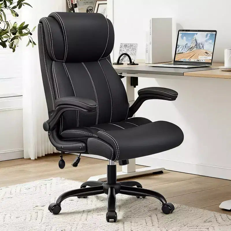 Chaise de bureau ergonomique KERDOM, fauteuil de bureau pour ordinateur, fauteuil de direction en cuir à dossier haut avec soutien lombaire réglable et accoudoirs relevables, basculante