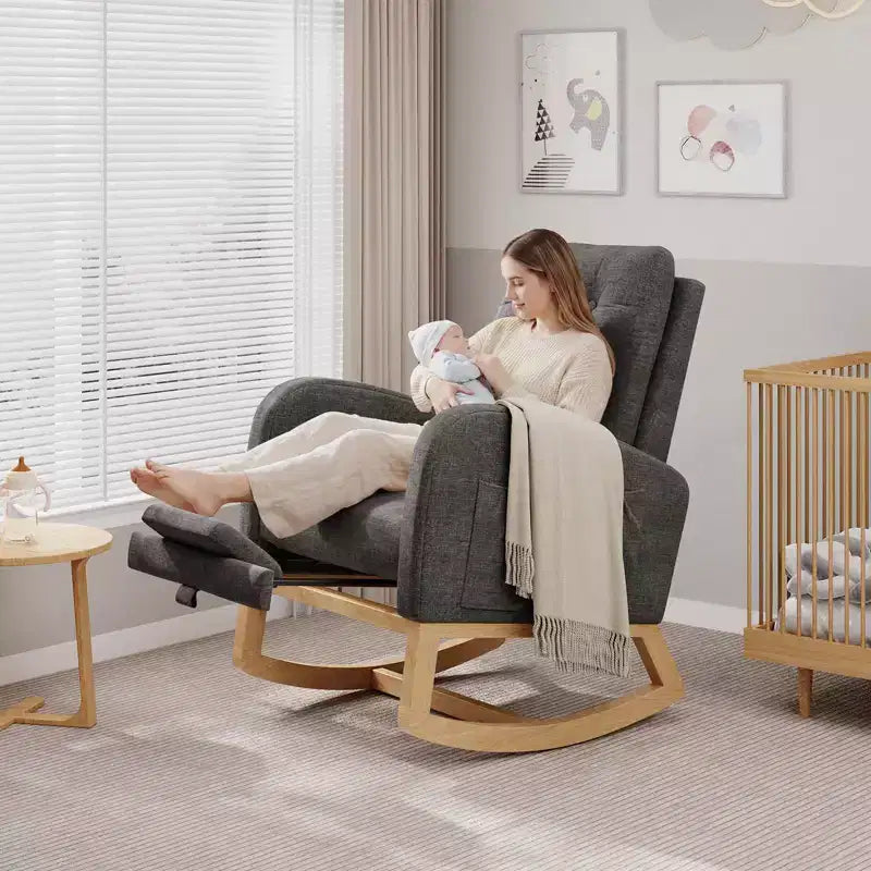 COZONY Fauteuil à bascule moderne aux couleurs Morandi, avec poche latérale, chaise planeur rembourrée en lin, fauteuil à bascule d'appoint de 136 kg pour salon et chambre de bébé