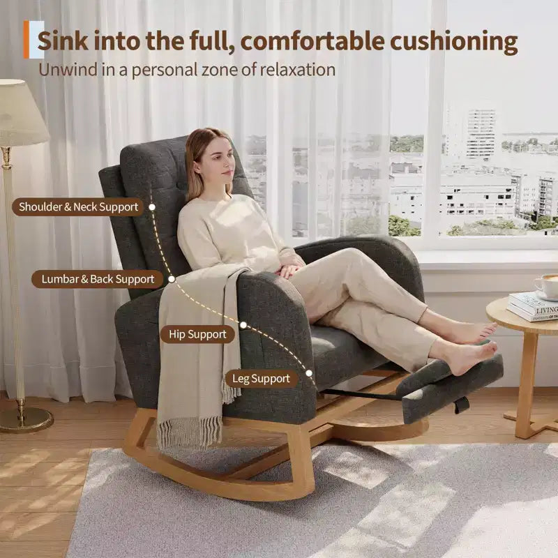 COZONY Fauteuil à bascule moderne aux couleurs Morandi, avec poche latérale, chaise planeur rembourrée en lin, fauteuil à bascule d'appoint de 136 kg pour salon et chambre de bébé