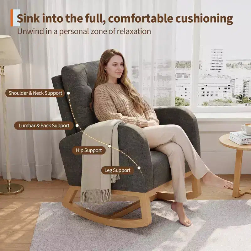 COZONY Fauteuil à bascule moderne aux couleurs Morandi, avec poche latérale, chaise planeur rembourrée en lin, fauteuil à bascule d'appoint de 136 kg pour salon et chambre de bébé