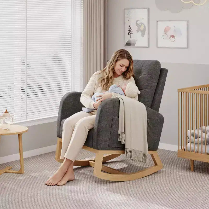COZONY Fauteuil à bascule moderne aux couleurs Morandi, avec poche latérale, chaise planeur rembourrée en lin, fauteuil à bascule d'appoint de 136 kg pour salon et chambre de bébé