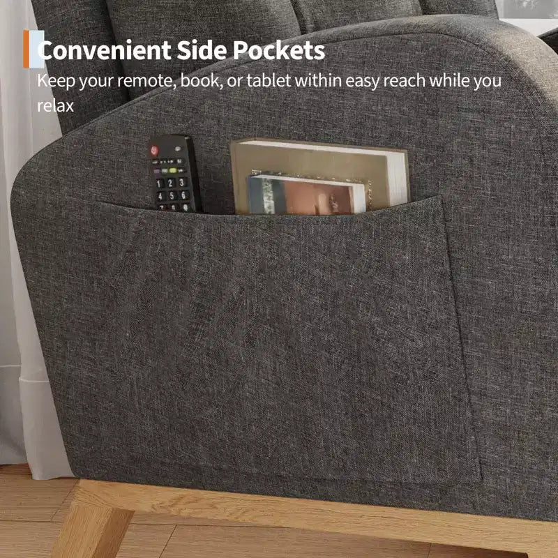 COZONY Fauteuil à bascule moderne aux couleurs Morandi, avec poche latérale, chaise planeur rembourrée en lin, fauteuil à bascule d'appoint de 136 kg pour salon et chambre de bébé