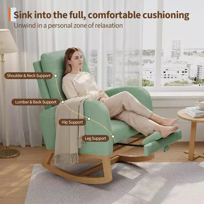 COZONY Fauteuil à bascule moderne aux couleurs Morandi, avec poche latérale, chaise planeur rembourrée en lin, fauteuil à bascule d'appoint de 136 kg pour salon et chambre de bébé
