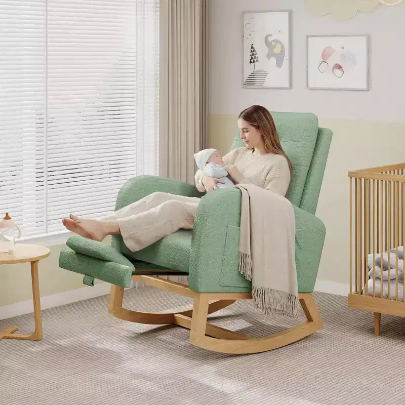 COZONY Fauteuil à bascule moderne aux couleurs Morandi, avec poche latérale, chaise planeur rembourrée en lin, fauteuil à bascule d'appoint de 136 kg pour salon et chambre de bébé