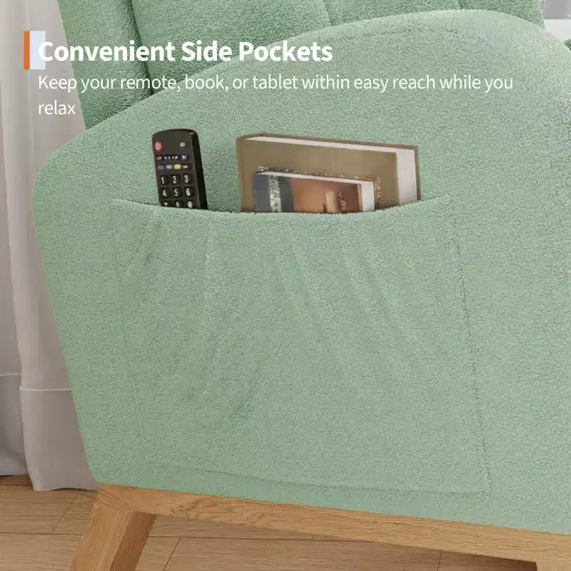 COZONY Fauteuil à bascule moderne aux couleurs Morandi, avec poche latérale, chaise planeur rembourrée en lin, fauteuil à bascule d'appoint de 136 kg pour salon et chambre de bébé