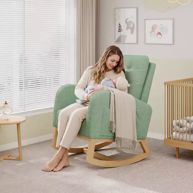COZONY Fauteuil à bascule moderne aux couleurs Morandi, avec poche latérale, chaise planeur rembourrée en lin, fauteuil à bascule d'appoint de 136 kg pour salon et chambre de bébé