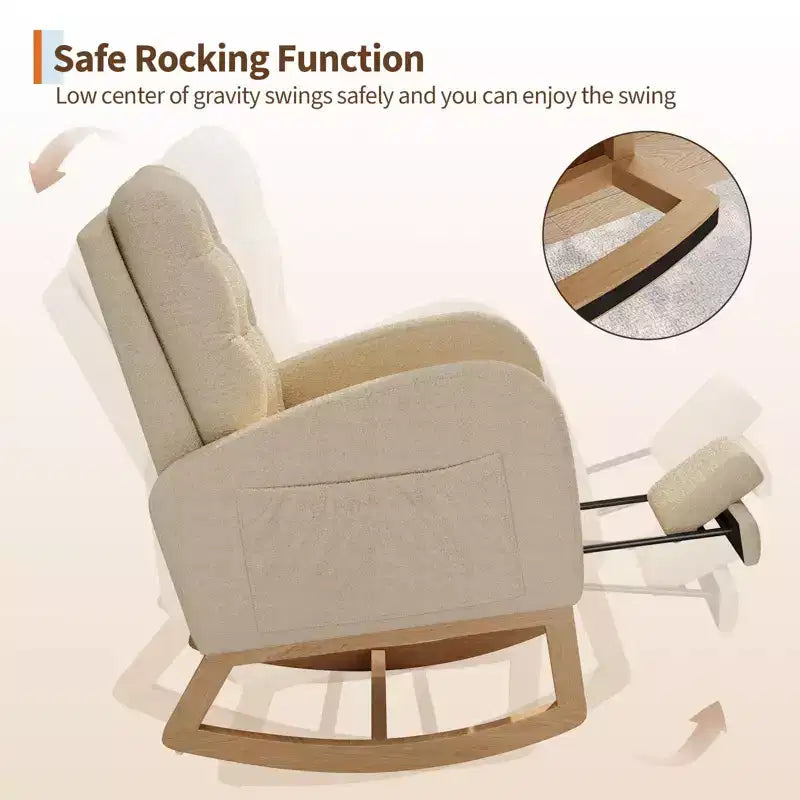 COZONY Fauteuil à bascule moderne aux couleurs Morandi, avec poche latérale, chaise planeur rembourrée en lin, fauteuil à bascule d'appoint de 136 kg pour salon et chambre de bébé