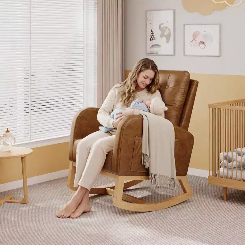 COZONY Fauteuil à bascule moderne aux couleurs Morandi, avec poche latérale, chaise planeur rembourrée en lin, fauteuil à bascule d'appoint de 136 kg pour salon et chambre de bébé