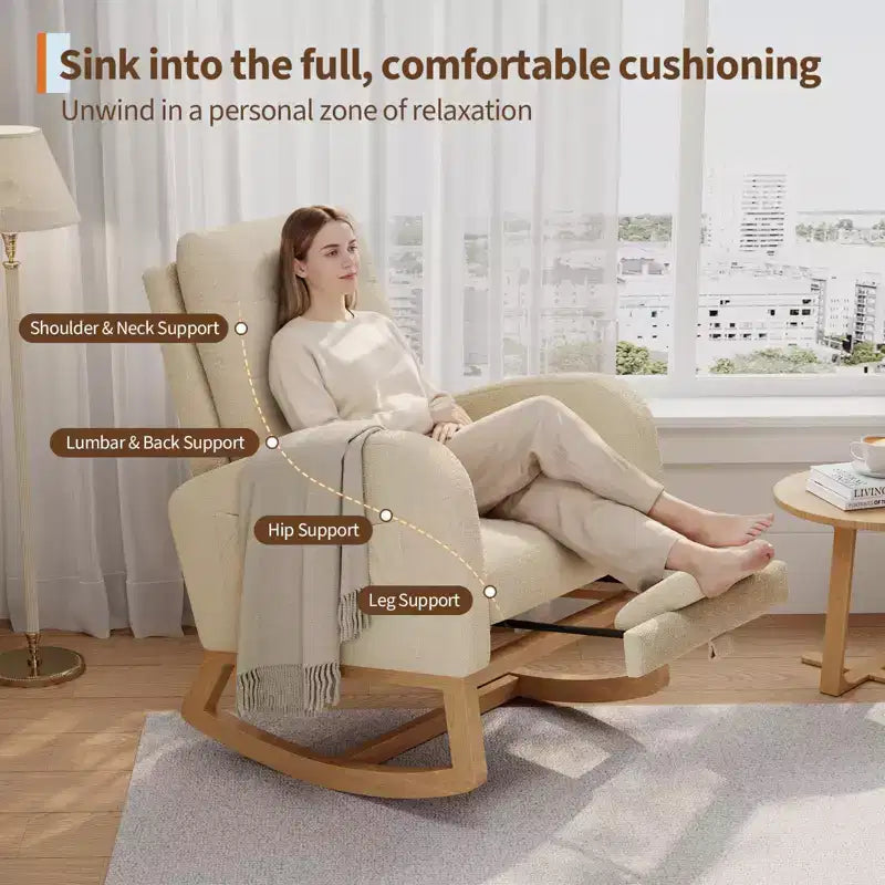 COZONY Fauteuil à bascule moderne aux couleurs Morandi, avec poche latérale, chaise planeur rembourrée en lin, fauteuil à bascule d'appoint de 136 kg pour salon et chambre de bébé