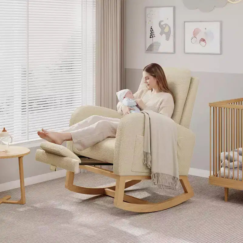 COZONY Fauteuil à bascule moderne aux couleurs Morandi, avec poche latérale, chaise planeur rembourrée en lin, fauteuil à bascule d'appoint de 136 kg pour salon et chambre de bébé
