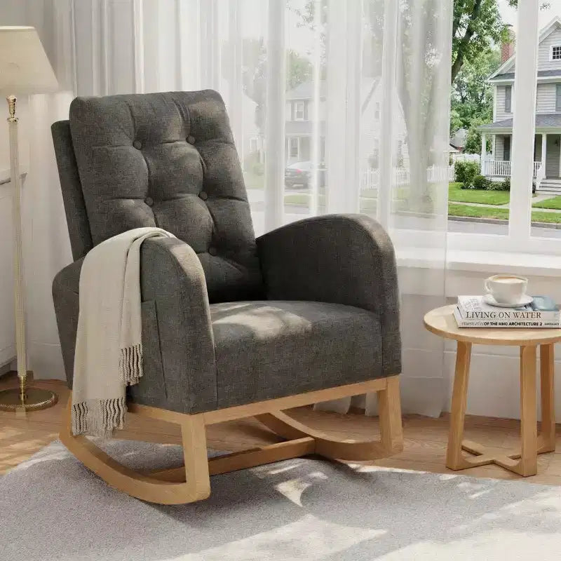 COZONY Fauteuil à bascule moderne aux couleurs Morandi, avec poche latérale, chaise planeur rembourrée en lin, fauteuil à bascule d'appoint de 136 kg pour salon et chambre de bébé