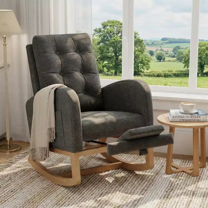 COZONY Fauteuil à bascule moderne aux couleurs Morandi, avec poche latérale, chaise planeur rembourrée en lin, fauteuil à bascule d'appoint de 136 kg pour salon et chambre de bébé