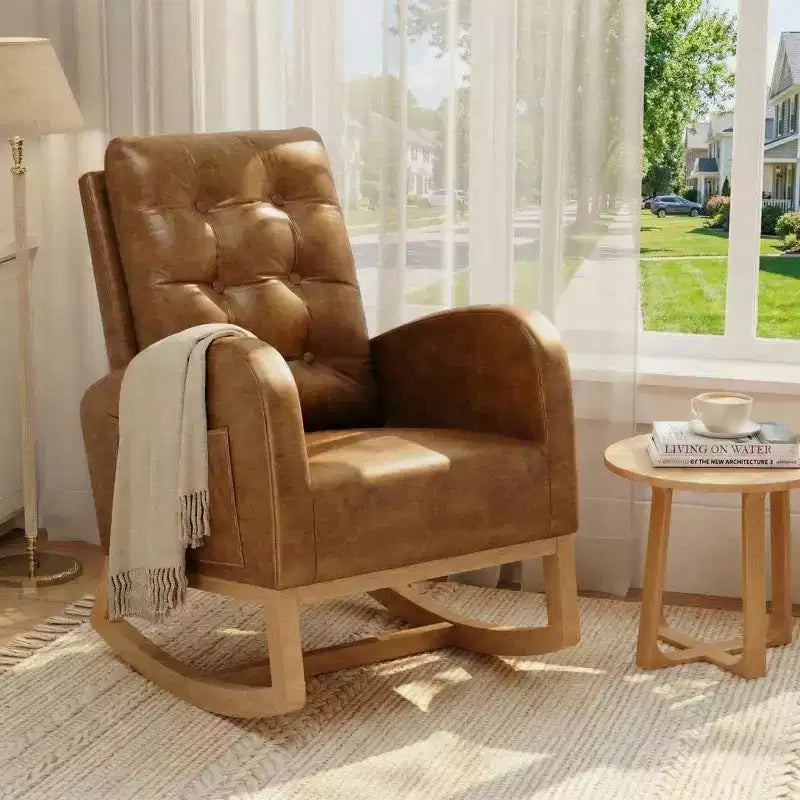 COZONY Fauteuil à bascule moderne aux couleurs Morandi, avec poche latérale, chaise planeur rembourrée en lin, fauteuil à bascule d'appoint de 136 kg pour salon et chambre de bébé
