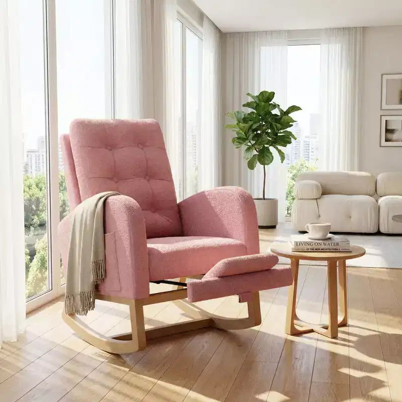 COZONY Fauteuil à bascule moderne aux couleurs Morandi, avec poche latérale, chaise planeur rembourrée en lin, fauteuil à bascule d'appoint de 136 kg pour salon et chambre de bébé