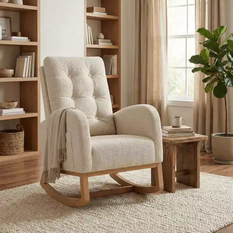 COZONY Fauteuil à bascule moderne aux couleurs Morandi, avec poche latérale, chaise planeur rembourrée en lin, fauteuil à bascule d'appoint de 136 kg pour salon et chambre de bébé