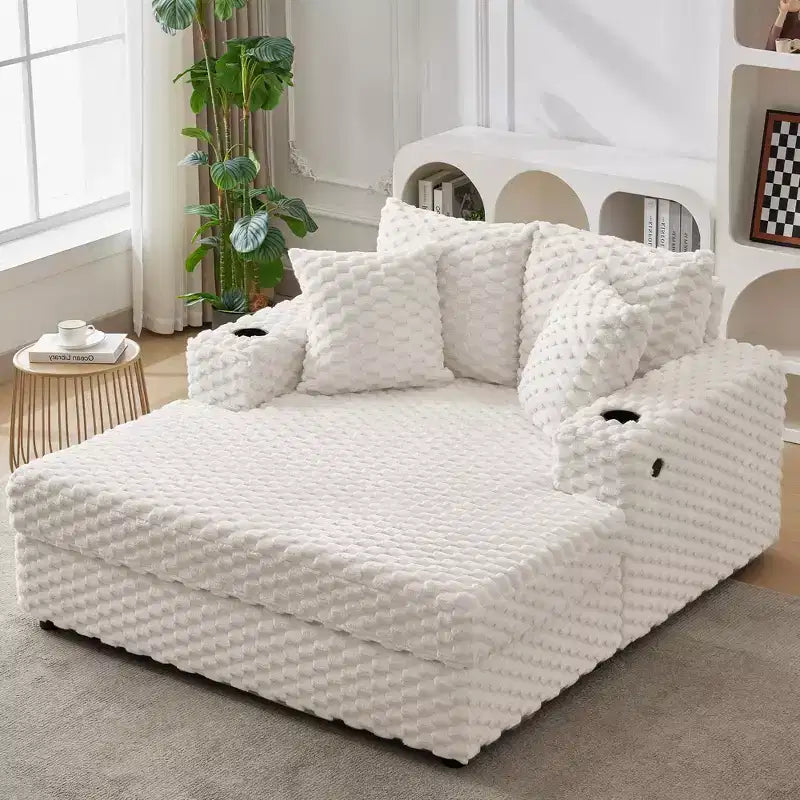 Oversized 60 Chaise Lounge Sofa Bed  Soft Upholstered Sleeper with Armrests, Cup Holder, Throw Pillows, USB & Type-C Charging Port