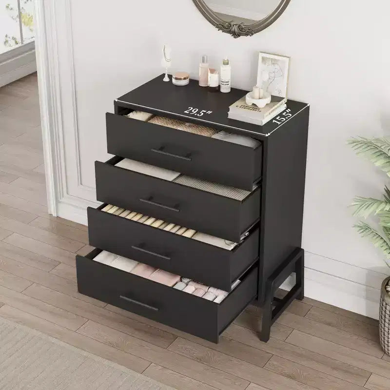 Commode, 4 tiroirs, 98 cm de haut, meuble de rangement en bois autoportant pour chambre à coucher, noir