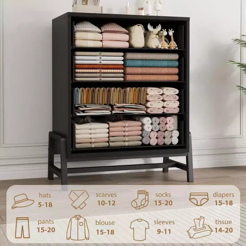 Commode, 4 tiroirs, 98 cm de haut, meuble de rangement en bois autoportant pour chambre à coucher, noir