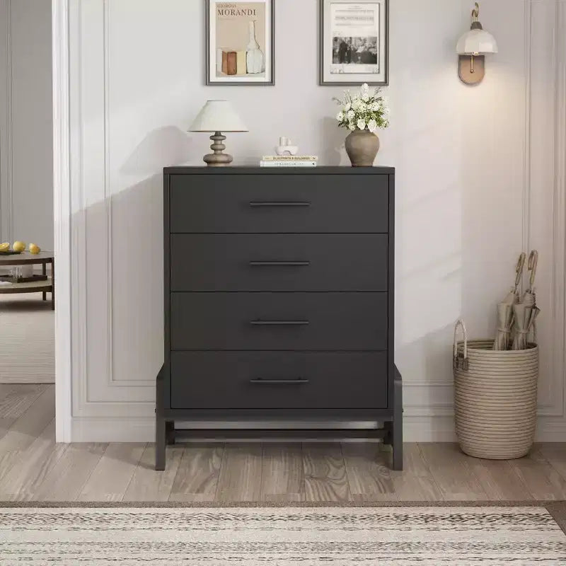 Commode, 4 tiroirs, 98 cm de haut, meuble de rangement en bois autoportant pour chambre à coucher, noir