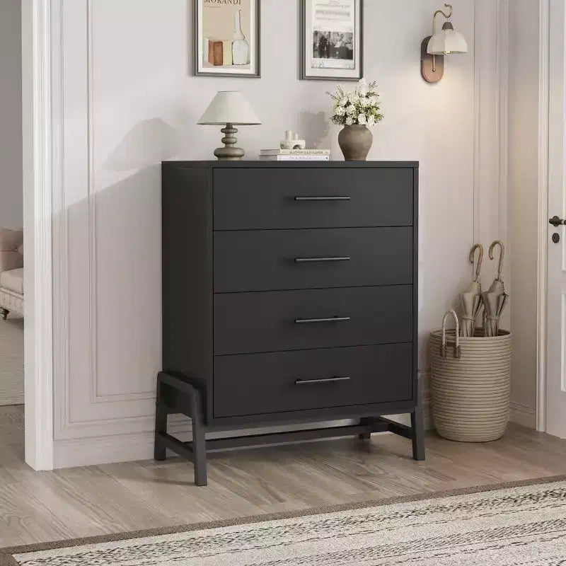 Commode, 4 tiroirs, 98 cm de haut, meuble de rangement en bois autoportant pour chambre à coucher, noir