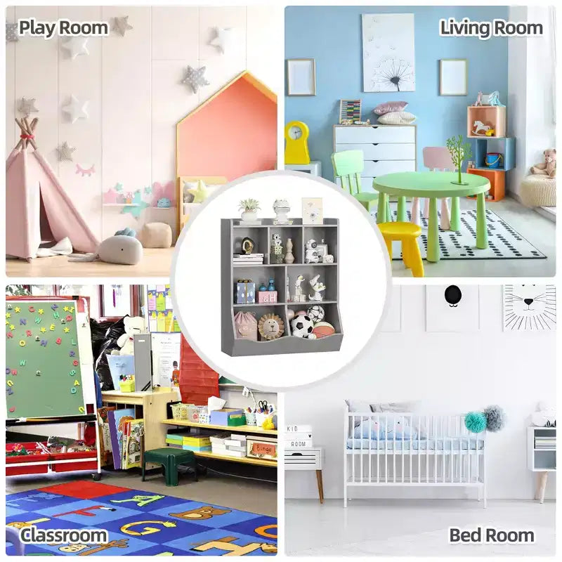 Meuble de rangement pour jouets, lot de 2 étagères à livres pour enfants en bois à 7 casiers avec 3 tiroirs, meuble à jouets à 3 niveaux