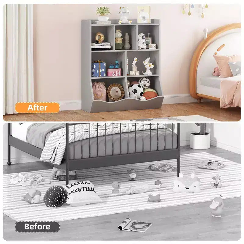 Meuble de rangement pour jouets, lot de 2 étagères à livres pour enfants en bois à 7 casiers avec 3 tiroirs, meuble à jouets à 3 niveaux