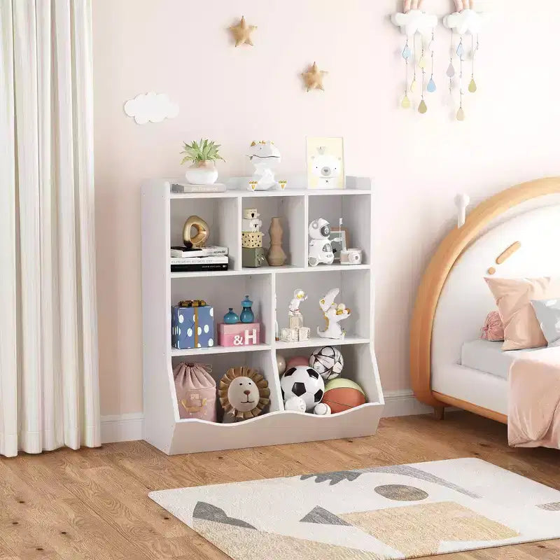 Meuble de rangement pour jouets, lot de 2 étagères à livres pour enfants en bois à 7 casiers avec 3 tiroirs, meuble à jouets à 3 niveaux