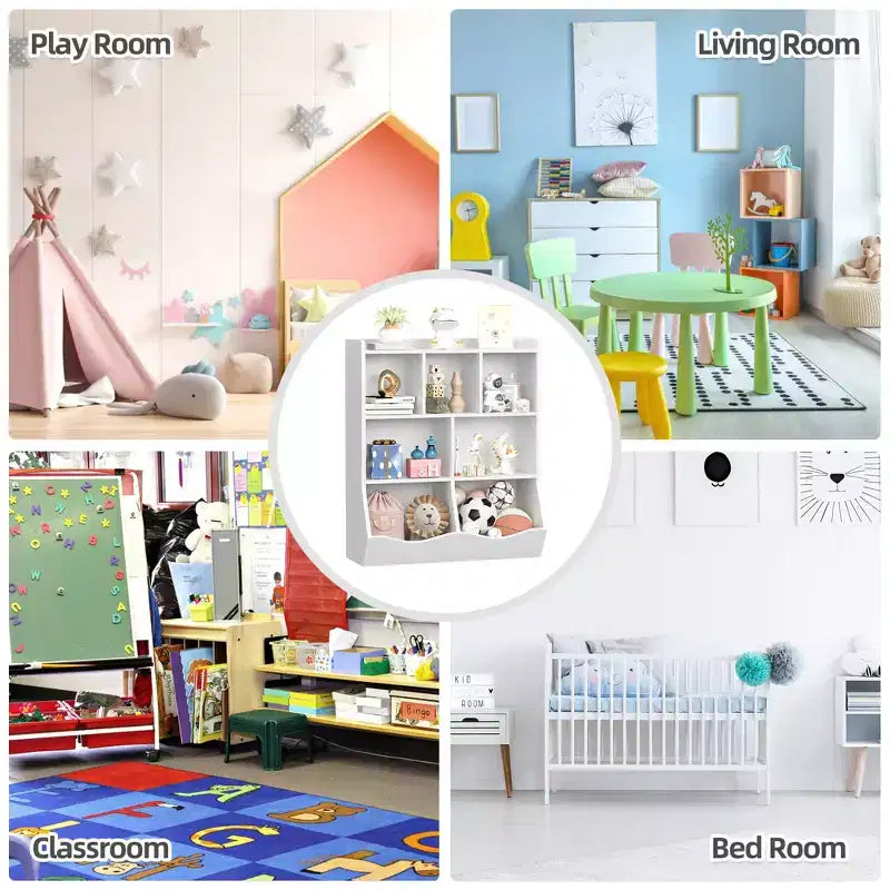 Meuble de rangement pour jouets, lot de 2 étagères à livres pour enfants en bois à 7 casiers avec 3 tiroirs, meuble à jouets à 3 niveaux