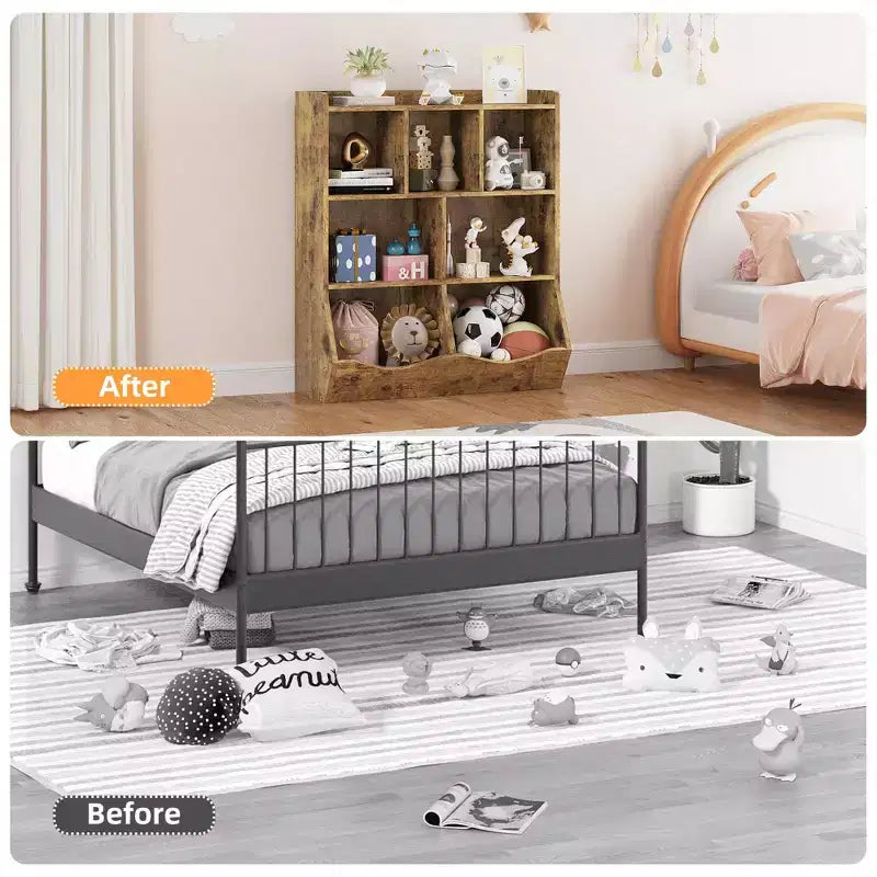 Meuble de rangement pour jouets, lot de 2 étagères à livres pour enfants en bois à 7 casiers avec 3 tiroirs, meuble à jouets à 3 niveaux