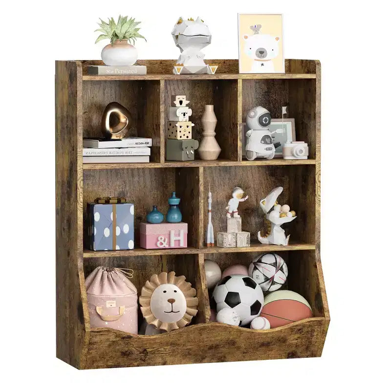 Meuble de rangement pour jouets, lot de 2 étagères à livres pour enfants en bois à 7 casiers avec 3 tiroirs, meuble à jouets à 3 niveaux