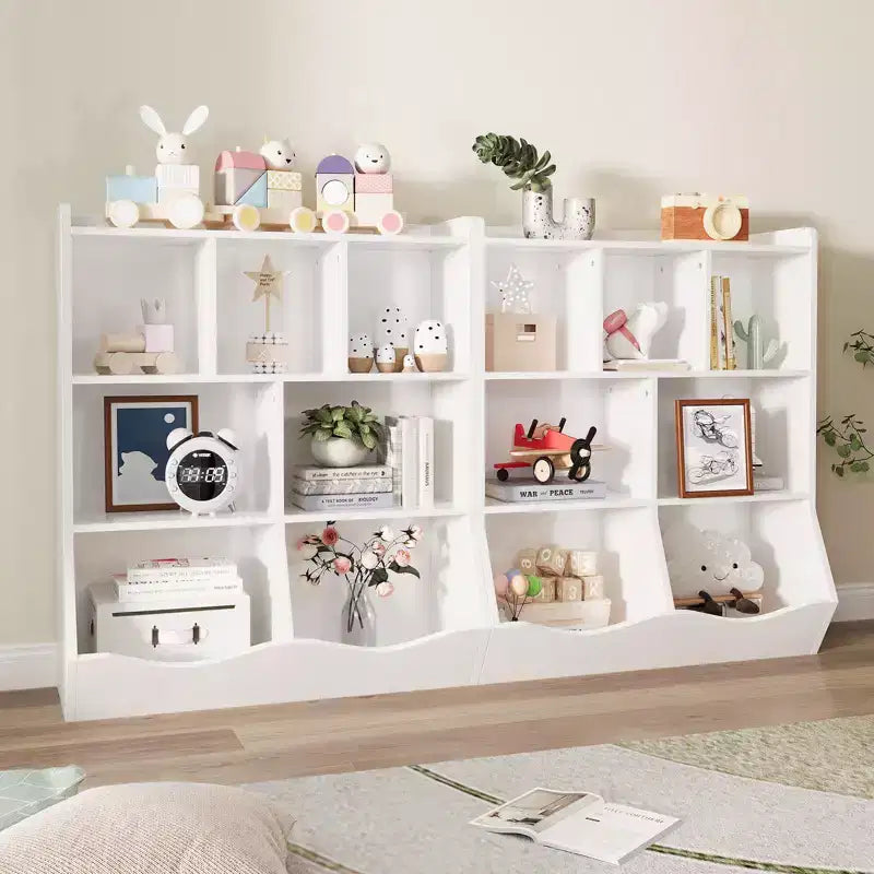 Meuble de rangement pour jouets, lot de 2 étagères à livres pour enfants en bois à 7 casiers avec 3 tiroirs, meuble à jouets à 3 niveaux