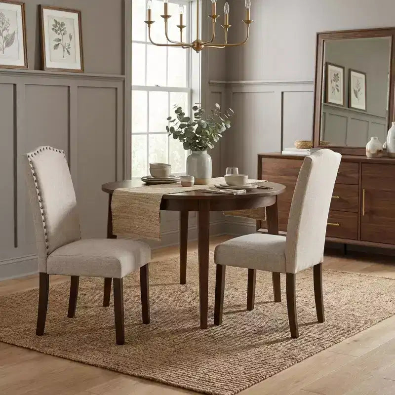 Chaises de salle à manger GDFStudio Bennett au design classique moderne, avec assise et dossier en tissu texturé et clous décoratifs (Lot de 2)