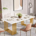 Table à manger moderne Lantine de 180 cm pour 6-8 personnes, longue table de cuisine blanche avec pieds en métal doré pour les réunions de famille