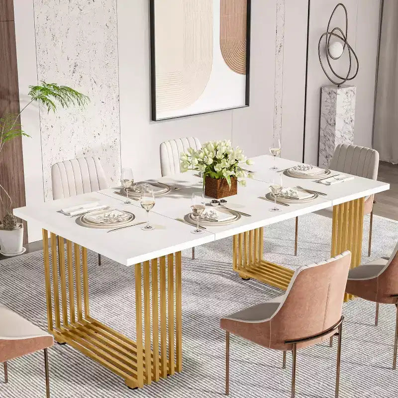 Table à manger moderne Lantine de 180 cm pour 6-8 personnes, longue table de cuisine blanche avec pieds en métal doré pour les réunions de famille