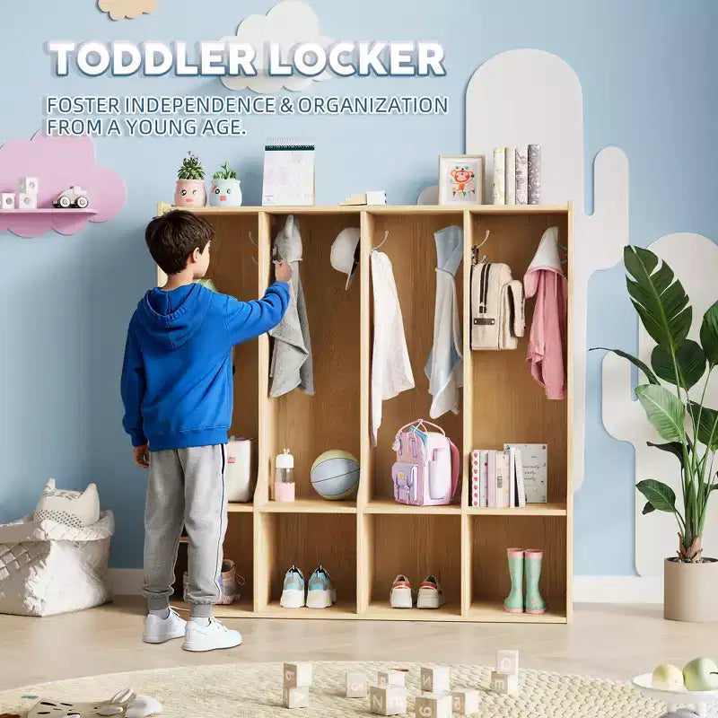 Casier vestiaire de classe à 4 sections avec 8 compartiments, meuble de rangement en bois avec 8 crochets, casiers de classe pour la maison, le bureau, l'école, la salle de sport
