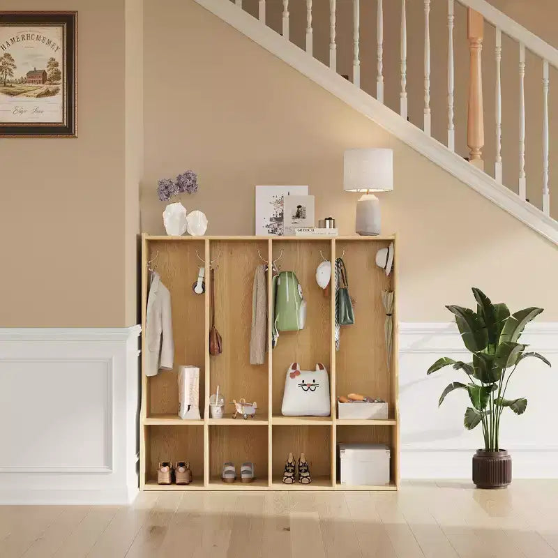 Casier vestiaire de classe à 4 sections avec 8 compartiments, meuble de rangement en bois avec 8 crochets, casiers de classe pour la maison, le bureau, l'école, la salle de sport