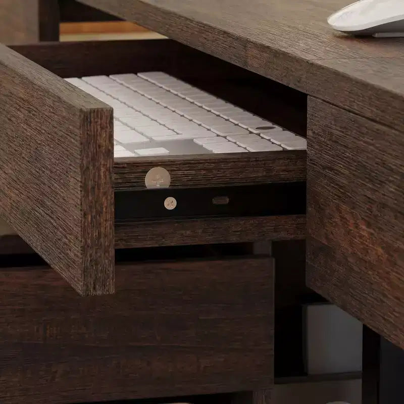 Bureau debout d'angle Hitow en bois foncé : Hauteur réglable électriquement + Meuble de rangement Poste de travail ergonomique pour la maison
