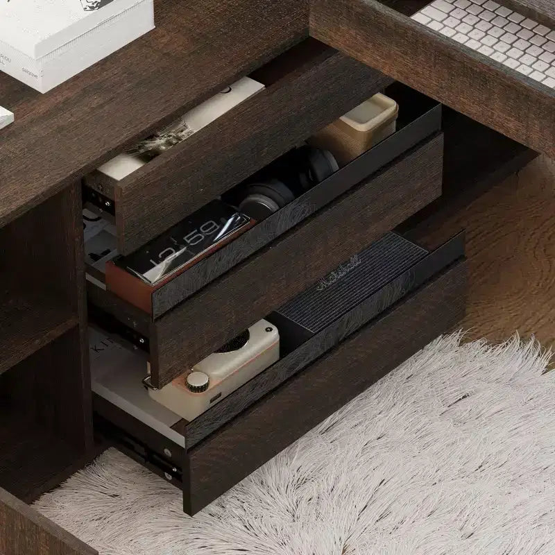 Bureau debout d'angle Hitow en bois foncé : Hauteur réglable électriquement + Meuble de rangement Poste de travail ergonomique pour la maison