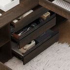 Bureau debout d'angle Hitow en bois foncé : Hauteur réglable électriquement + Meuble de rangement Poste de travail ergonomique pour la maison