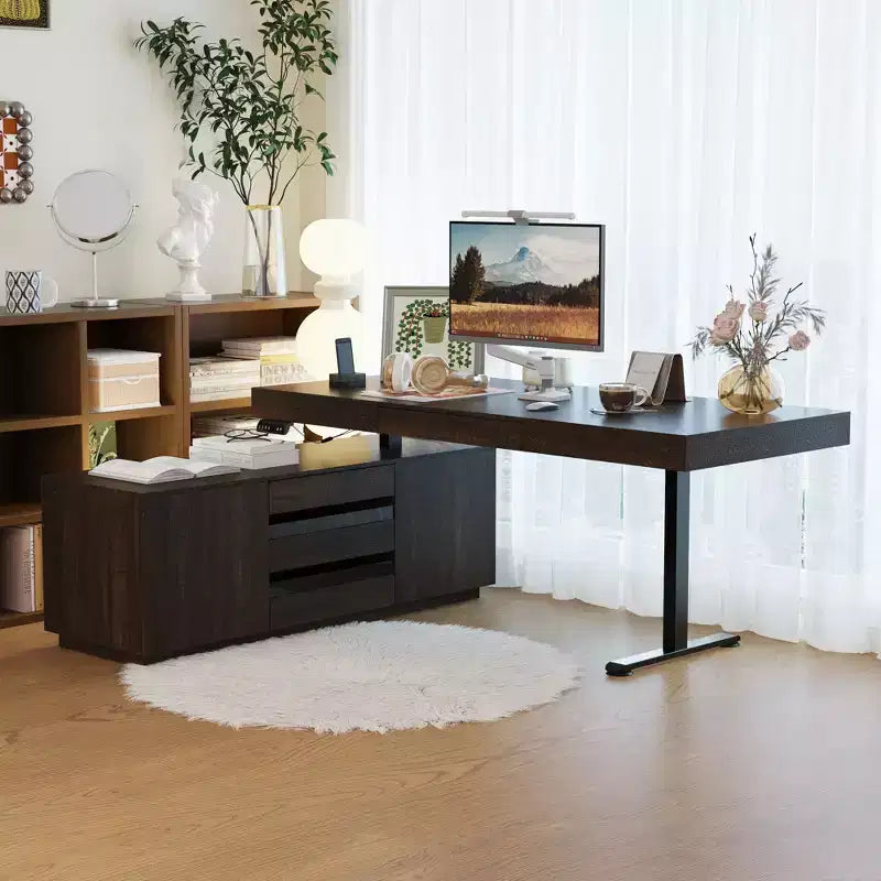 Bureau debout d'angle Hitow en bois foncé : Hauteur réglable électriquement + Meuble de rangement Poste de travail ergonomique pour la maison