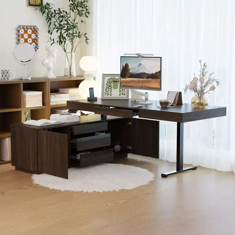 Bureau debout d'angle Hitow en bois foncé : Hauteur réglable électriquement + Meuble de rangement Poste de travail ergonomique pour la maison