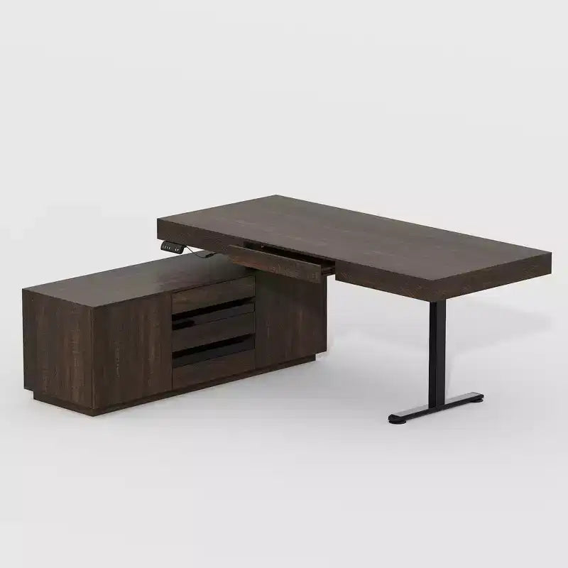 Bureau debout d'angle Hitow en bois foncé : Hauteur réglable électriquement + Meuble de rangement Poste de travail ergonomique pour la maison