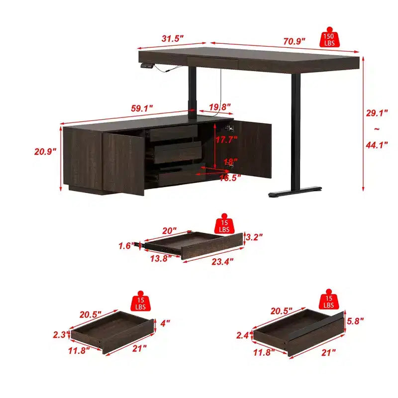 Bureau debout d'angle Hitow en bois foncé : Hauteur réglable électriquement + Meuble de rangement Poste de travail ergonomique pour la maison