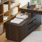 Bureau debout d'angle Hitow en bois foncé : Hauteur réglable électriquement + Meuble de rangement Poste de travail ergonomique pour la maison