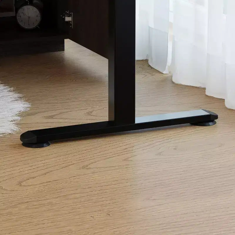 Bureau debout d'angle Hitow en bois foncé : Hauteur réglable électriquement + Meuble de rangement Poste de travail ergonomique pour la maison