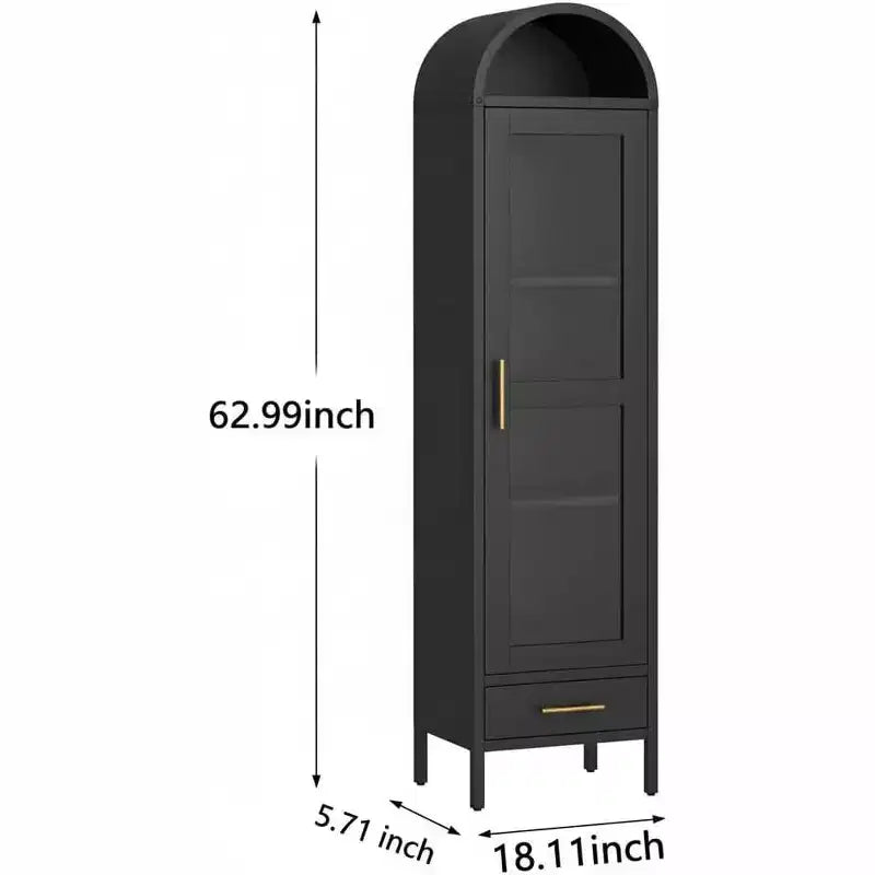Grand meuble étroit en métal voûté de 185 cm, rangement moderne noir avec tiroir à porte vitrée, bibliothèque-garde-manger polyvalente pour salon et cuisine