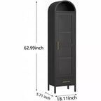 Grand meuble étroit en métal voûté de 185 cm, rangement moderne noir avec tiroir à porte vitrée, bibliothèque-garde-manger polyvalente pour salon et cuisine