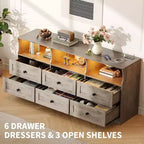 Commode, chiffonnier 6 tiroirs de 160 cm avec lumières RVB et prise de courant, meuble TV en bois avec étagères ouvertes