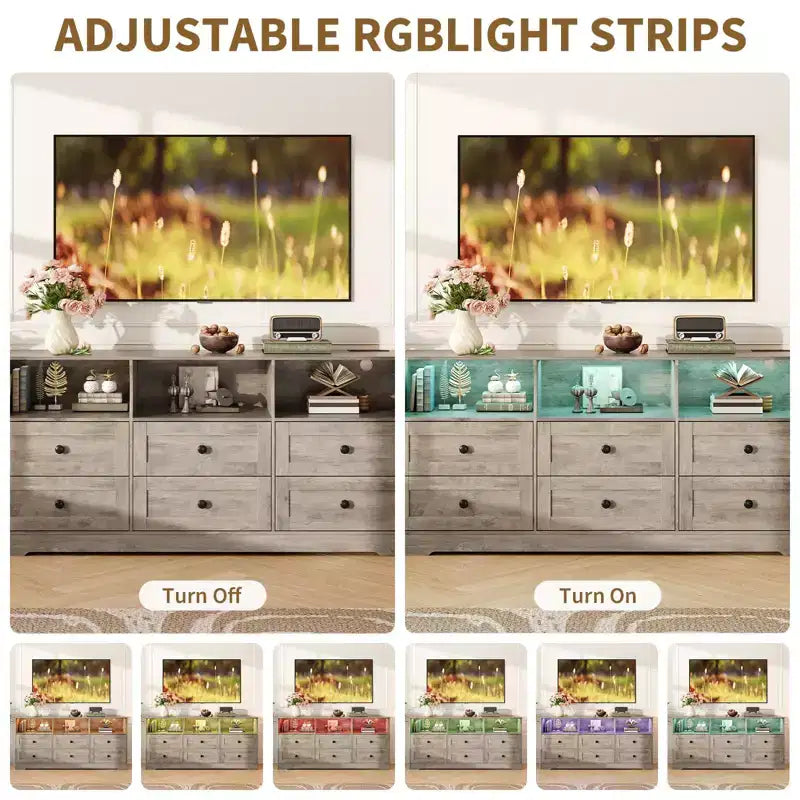 Commode, chiffonnier 6 tiroirs de 160 cm avec lumières RVB et prise de courant, meuble TV en bois avec étagères ouvertes